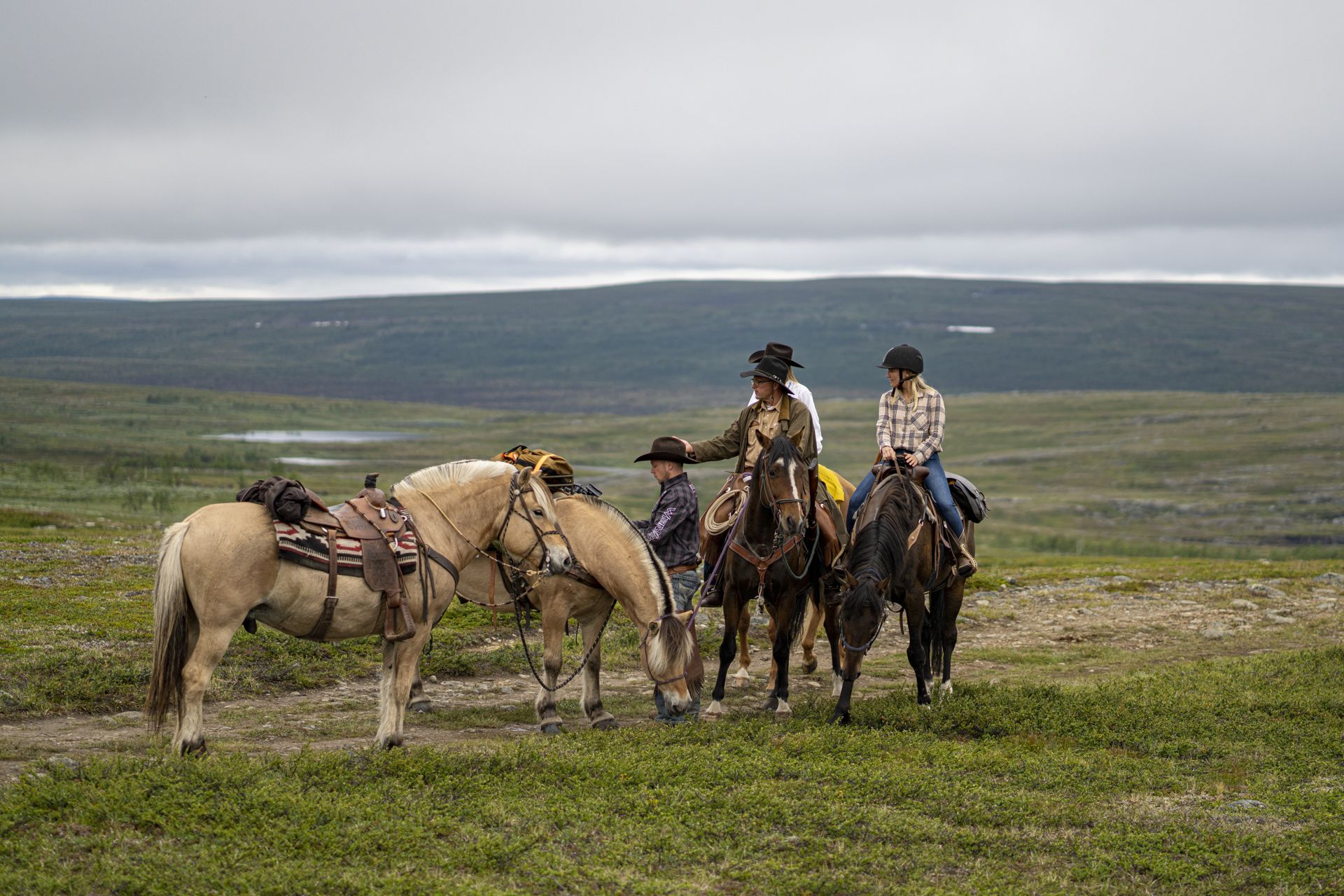 A group of riders with their horses on the open Finnmark plateau